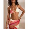 image:imageWomens 3 Piece Floral Cheeky Bikini Sets Halter String Swimsuit with Mesh Beach Cover Up SkirtPink Multicolor