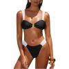 image:imageWomens 2 Piece Color Block Bathing Suit Metal Tie Back Cheeky Bikini Sets Summer SwimsuitBlack and White
