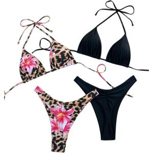 image:image2 Pack Leopard Print Bikini Sets Halter Triangle Top Brazilian Bottom Animal Print Swimwear BundleFloral Cheetah and Black