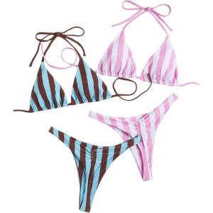 image:image2 Pack Leopard Print Bikini Sets Halter Triangle Top Brazilian Bottom Animal Print Swimwear BundlePink White and Blue