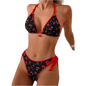 image:imageWomens 2 Piece Bikini Sets Cherry Print Spaghetti Strap Halter Bras and String Thongs Swimsuit SetsRed