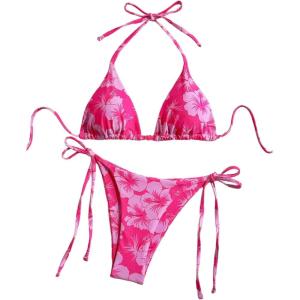 image:imageWomens 2 Piece Bikini Sets Floral Halter Bras and Tie Side Thongs Summer Beach OutfitsHot Pink