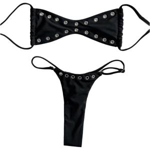 image:imageWomens 2 Piece Bikini Sets Grommet Eyelet Bra Thong Bathing Suit Summer Swimsuit SetBlack