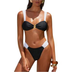image:imageWomens 2 Piece Color Block Bathing Suit Metal Tie Back Cheeky Bikini Sets Summer SwimsuitBlack and White