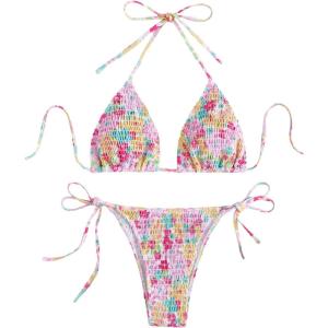 image:imageWomens 2 Piece Floral Bikini Sets Smocked Halter Triangle Bikini Drawstring Tie Side Sexy Cute Swimsuits