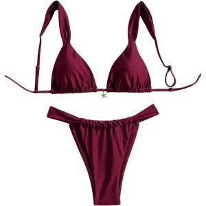 image:imageWomens 2 Piece Floral Tropical Print Bikini Set Boho Triangle Bathing Suit Tie Backless Swimsuit SetsBurgundy