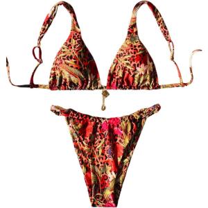 image:imageWomens 2 Piece Floral Tropical Print Bikini Set Boho Triangle Bathing Suit Tie Backless Swimsuit SetsLeopard Red
