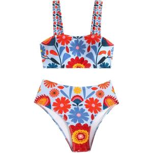 image:imageWomens 2 Piece High Waisted Bikini Sets Graphic Wireless Bathing Suit Padded Beach SwimsuitsFloral Blue