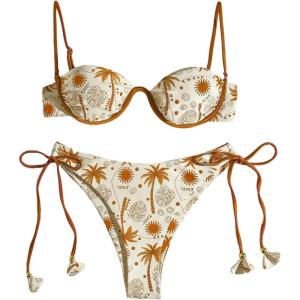 image:imageWomens 2 Piece Tropical Underwire Bathing Suit Spaghetti Strap Push Up Swimsuit Boho Bikini SetsBeige