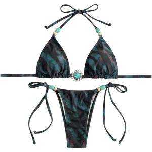 image:imageWomens 2 Pieces Zebra Striped Bikini Set Halter Triangle Swimsuit Y2K Tie Side Bathing SuitMulticolor Blue