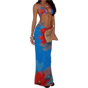 image:imageWomens 3 Piece Floral Cheeky Bikini Sets Halter String Swimsuit with Mesh Beach Cover Up SkirtBlue