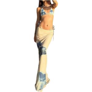 image:imageWomens 3 Piece Floral Cheeky Bikini Sets Halter String Swimsuit with Mesh Beach Cover Up SkirtDusty Blue