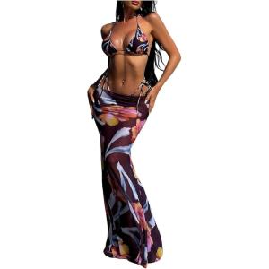 image:imageWomens 3 Piece Floral Cheeky Bikini Sets Halter String Swimsuit with Mesh Beach Cover Up SkirtMix Brown