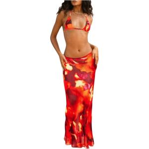 image:imageWomens 3 Piece Floral Cheeky Bikini Sets Halter String Swimsuit with Mesh Beach Cover Up SkirtMix Red