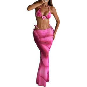 image:imageWomens 3 Piece Floral Cheeky Bikini Sets Halter String Swimsuit with Mesh Beach Cover Up SkirtPink Flower
