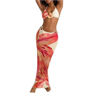 image:imageWomens 3 Piece Floral Cheeky Bikini Sets Halter String Swimsuit with Mesh Beach Cover Up SkirtPink Multicolor
