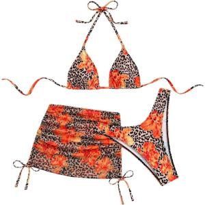 image:imageWomens 4 Piece Swimsuits Floral Cheetah Bikini Sets Bathing Suit with Mesh Cover Up Skirt amp BandanaMulticolor Orange