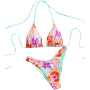 image:imageWomens High Waisted Bikini Sets Floral Halter Triangle Two Piece Swimsuits Cheeky Bathing SuitLight Orange