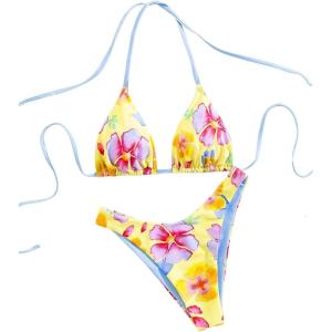 image:imageWomens High Waisted Bikini Sets Floral Halter Triangle Two Piece Swimsuits Cheeky Bathing SuitYellow