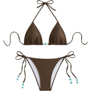 image:imageWomens Pearl Beaded Cheeky Micro Bikini Sets High Cut Triangle String Thong SwimsuitsBrown