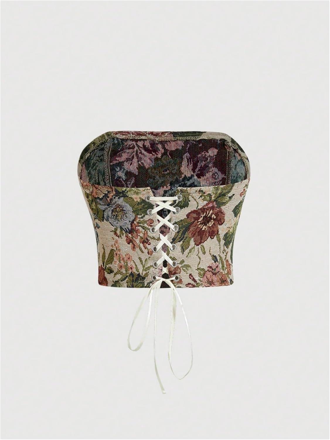 image:imageWomens Floral Embroidery Strapless Tube Top Lace Up Y2K Corset Crop TopsMulticolor