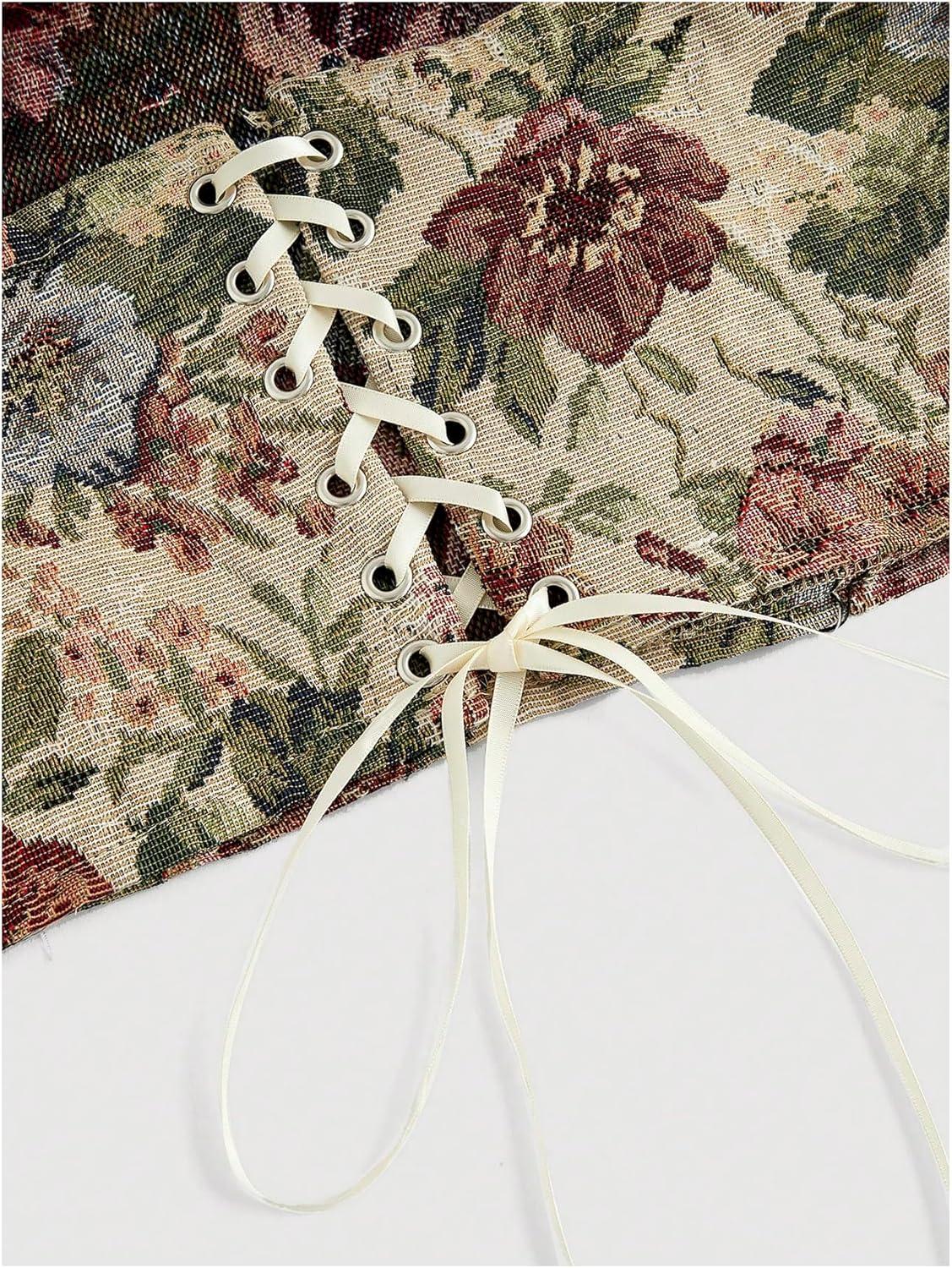 image:imageWomens Floral Embroidery Strapless Tube Top Lace Up Y2K Corset Crop TopsMulticolor
