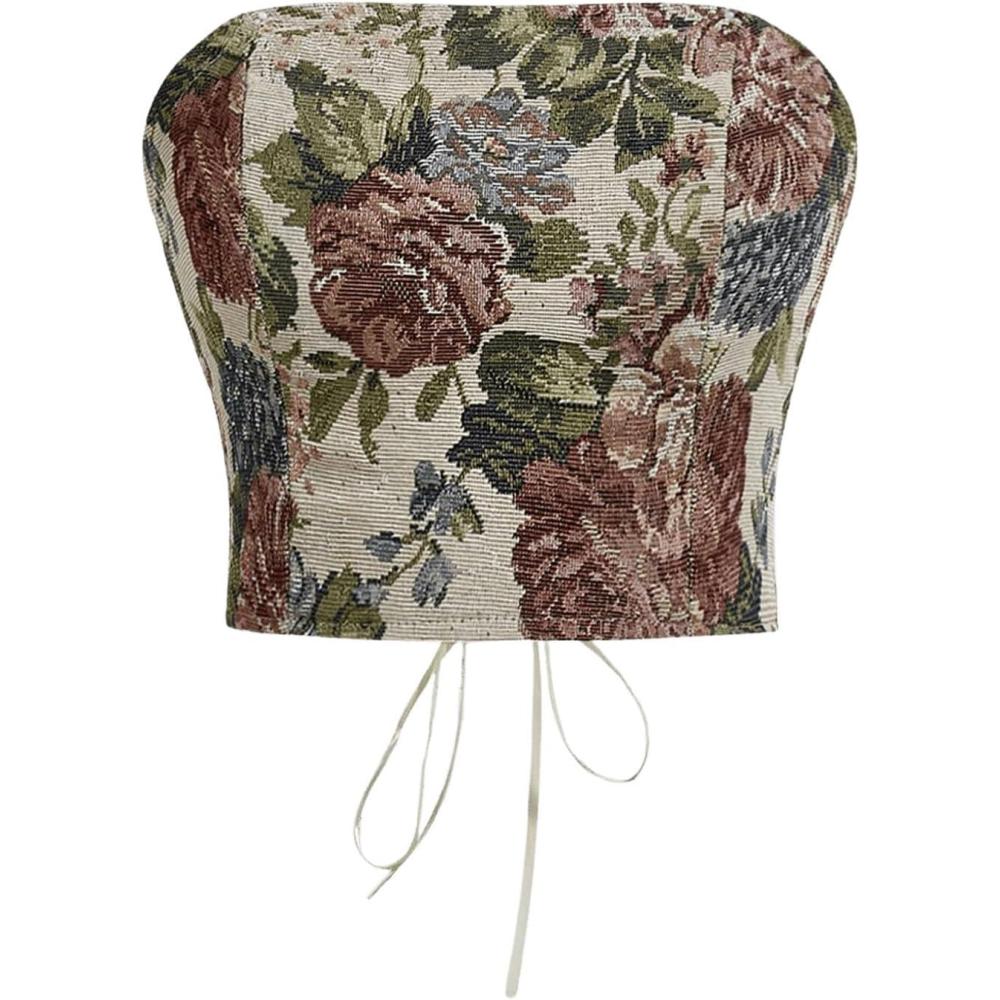 image:imageWomens Floral Embroidery Strapless Tube Top Lace Up Y2K Corset Crop TopsMulticolor