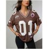image:imageJersey Shirts for Women Number Graphic V Neck Oversized Tshirts Y2k Football Jersey StreetwearNumber Print Brown