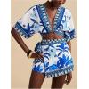 image:imageWomens 2 Piece Outfits Half Sleeve Crop Blouses and Wrap Skirts Set Boho Beach Vacation ClothesBlue