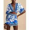 image:imageWomens 2 Piece Outfits Half Sleeve Crop Blouses and Wrap Skirts Set Boho Beach Vacation ClothesBlue