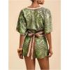 image:imageWomens 2 Piece Outfits Half Sleeve Crop Blouses and Wrap Skirts Set Boho Beach Vacation ClothesGreen and Brown