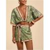 image:imageWomens 2 Piece Outfits Half Sleeve Crop Blouses and Wrap Skirts Set Boho Beach Vacation ClothesGreen and Brown