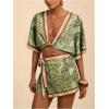image:imageWomens 2 Piece Outfits Half Sleeve Crop Blouses and Wrap Skirts Set Boho Beach Vacation ClothesGreen and Brown