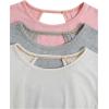 image:imageWomens 3 Packs Open Back Tops T Shirt Criss Cross Cut Out Tee Short Sleeve Crewneck Summer Backless TopsPink Grey White