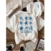 image:imageWomens Graphic Letter Tee Crew Neck Drop Shoulder Trendy Summer T Shirt Short Sleeve Vintage Car Print TopStar White and Blue