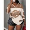 image:imageWomens Number Graphic Mesh Jersey Shirt V Neck 34 Sleeve Football Tee Tops SportswearBeige Brown