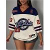image:imageWomens Number Graphic Mesh Jersey Shirt V Neck 34 Sleeve Football Tee Tops SportswearBlue and White