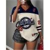 image:imageWomens Number Graphic Mesh Jersey Shirt V Neck 34 Sleeve Football Tee Tops SportswearBlue and White