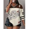 image:imageWomens Number Graphic Mesh Jersey Shirt V Neck 34 Sleeve Football Tee Tops SportswearBrown and White