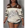 image:imageWomens Number Graphic Mesh Jersey Shirt V Neck 34 Sleeve Football Tee Tops SportswearBrown and White