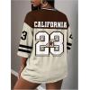image:imageWomens Number Graphic Mesh Jersey Shirt V Neck 34 Sleeve Football Tee Tops SportswearBrown and White