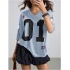 image:imageWomens Number Graphic Mesh Jersey Shirt V Neck 34 Sleeve Football Tee Tops SportswearLight Grey