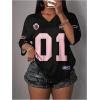 image:imageWomens Number Graphic Mesh Jersey Shirt V Neck 34 Sleeve Football Tee Tops SportswearLight Pink