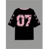 image:imageWomens Number Graphic Mesh Jersey Shirt V Neck 34 Sleeve Football Tee Tops SportswearPink and Black