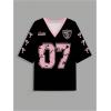 image:imageWomens Number Graphic Mesh Jersey Shirt V Neck 34 Sleeve Football Tee Tops SportswearPink and Black