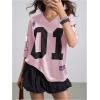 image:imageWomens Number Graphic Mesh Jersey Shirt V Neck 34 Sleeve Football Tee Tops SportswearPure Pink