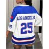 image:imageWomens Number Graphic Mesh Jersey Shirt V Neck 34 Sleeve Football Tee Tops SportswearWhite and Blue