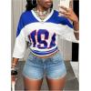 image:imageWomens Number Graphic Mesh Jersey Shirt V Neck 34 Sleeve Football Tee Tops SportswearWhite and Blue