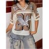 image:imageWomens Number Print Mesh Jersey Shirt Color Block V Neck Short Sleeve Football TShirtApricot Brown