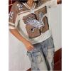 image:imageWomens Number Print Mesh Jersey Shirt Color Block V Neck Short Sleeve Football TShirtApricot Brown